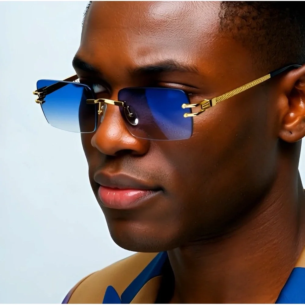 Blue Lens Gradient Sunglasses Gold Metal Frame‎ UV400 Sun Protection Metal Frame